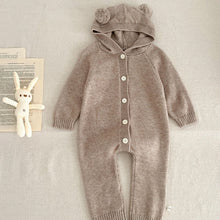 Load image into Gallery viewer, Baby bear knitted romper in taupe. Unisex baby all in one suit made from super soft cotton yarn. Perfect new baby gift. Shop our baby and toddler clothing exclusively at Bel Bambini today.