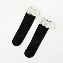 Load image into Gallery viewer, Black knee high socks with a lace frill trim.