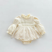 Load image into Gallery viewer, Lace detail oufit for girls in Ivory white. Perfect outfit for christenings, parties, christmas, summer and spring with the beautiful detailing it has to offer. Girls lace and crochet romper. Exclusive styles at Bel Bambini baby boutique based in the UK.