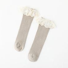 Load image into Gallery viewer, Khaki knee high socks with a lace frill trim.