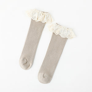 Khaki knee high socks with a lace frill trim.