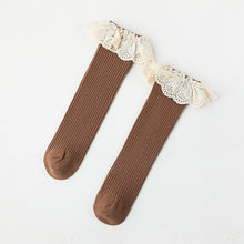 Load image into Gallery viewer, Brown knee high socks with a lace frill trim.
