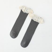 Load image into Gallery viewer, Grey knee high socks with a lace frill trim.