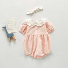 Load image into Gallery viewer, Three button fastenings down the centre back of our pink romper for baby girls and toddlers. Shop our new collections for babies and toddlers online today at Bel Bambini baby boutique.