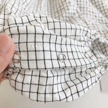 Load image into Gallery viewer, Detail sowing the plaid print on our boys romper set. An outfit perfect for a special occasion, wedding outfit, christening outfit or birthday outfit for boys.
