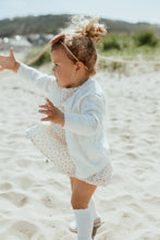 Load image into Gallery viewer, Our cotton summer cardigan for baby girls up to 2 years pictured with our rose print summer set. Shop our summer collections at Bel Bambini baby boutique.