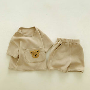 Baby boys waffle shorts and tee set. cuteteddy bear set for baby boys and toddlers in a natural shade. Perfect set for summertime and lounging around and playing. 