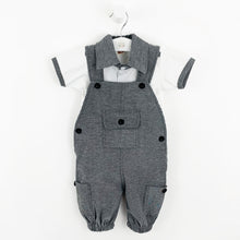 Load image into Gallery viewer, Baby boys dungarees, a 2 piece dungaree set complete with grey dungarees and a white tee with a contrat collar and stripe to the shoulder. Toddler boys would be so comfortable playing in this cute all in one style. 