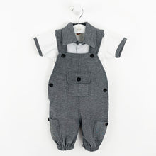 Load image into Gallery viewer, Baby boys dungarees, a 2 piece dungaree set complete with grey dungarees and a white tee with a contrat collar and stripe to the shoulder. Toddler boys would be so comfortable playing in this cute all in one style.