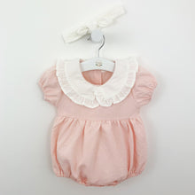 Load image into Gallery viewer, Pretty in pink baby girls frill collar romper. A swett little outfit complete with a white headband. Gingham print and puff sleeves. Gathered at the waist making this is beautiful style for girls aged 0=24 months. Shop our baby collections online at Bel Bambini baby boutique.