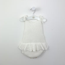 Load image into Gallery viewer, Girls summer romper. Delicately knitted in supersoft cotton, our white scallop knitted romper is perfect for the warm days as well as a great layering piece for  the colder days. Baby girl summer clothing. Baby rompers and toddler summer clothing exclusive to Bel bambini.