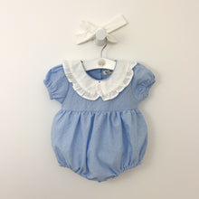 Load image into Gallery viewer, Baby girl short sleeve romper in a gingham print. 100% cotton romper for girls with a pretty frill collar and short puff sleeves. Summer romper for girls.