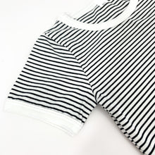 Load image into Gallery viewer, Detail shot of our striped boys short sleeve tee. Comes with a matching pair of shorts. Great little summer outfit for toddler boys.
