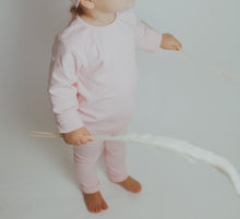 Load image into Gallery viewer, Toddler loungewear available in pink or blue. Super soft cotton set comes with leggings, long sleeve tee and a headband. to match. 0-6m, 6-9m, 9-12m, 12-18m, 18-24m.