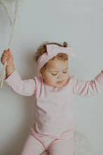 Load image into Gallery viewer, Baby girls loungewear set in baby pink. Set made in supersoft 100% cotton fabric. Headband, long sleeve tee and leggings are all included in this super cute set. Also available in blue.