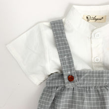 Load image into Gallery viewer,  months. Shop exclusively at Bel Bambini baby clothing boutique.Baby boys summer clothes. Bot=ys romper, shirt and floppy summer hat set. Available in -