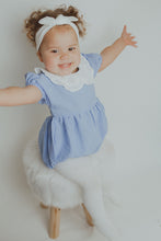 Load image into Gallery viewer, Baby girl romper in blue, toddler spring summer clothing and rompersuits. Ages 0-2 years. Shop our new collections at Bel Bambini baby boutique.
