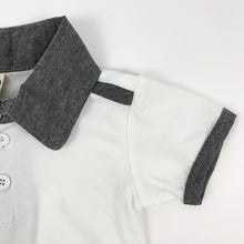 Load image into Gallery viewer, Baby and toddler tee to match the cute dungarees that they come with. Contrast binding on the short sleeve tee, with a contrast collar and stripe to the shoulder. Such a stylish set for little boys to wear.