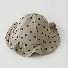 Load image into Gallery viewer, Baby boys floppy sunhats. Perfect polka dot printed sunhats in neutral shades for boys and girls aged 0-2 years. Floppy sunhats for girls. Protect your little ones face from the sun with our cotton sunhats for babies and toddlers up to 2 years old.
