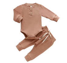 Load image into Gallery viewer, Boys comfy lounge set, available for baby boys and toddler boys. Neutral caramel shade is perfectly matched in a ribbed fabric base.