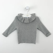 Load image into Gallery viewer, Girls grey sweater up to 3 years. Frill collar and ribbed knitted fabric base. Long sleeves, perfect  girls sweater for winter time when its cold outside.