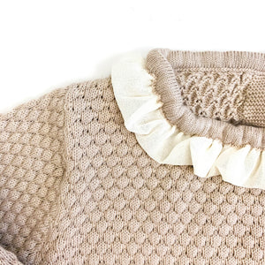 Detail shot from our beautiful knitted set for baby and toddler girls. A pretty woven frill collar on the most adorable knitted top, comes with matching frill knitted bloomers.