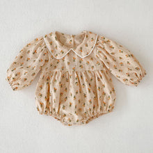 Load image into Gallery viewer, Beautiful peter pan collar romper for baby and toddler girls. A stylish romper with balloon sleeves and a pretty floral print.