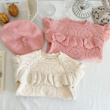 Load image into Gallery viewer, Pointelle knitted romper with frill detailing to the shoulders and front. Baby girls stylish clothes at Bel Bambini fashion.