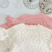 Load image into Gallery viewer, Beautiful pointelle knitted fabric makes up our stylish long-sleeved romper for girls.