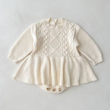 Load image into Gallery viewer, Cable knit peplum romper with long sleeves is our autumn winter wardrobe staple for gilrs. Stylish, cosy and warm. Pair with tights or knee high socks from our collection to complete the look. Free shipping on orders over £80.