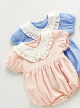 Load image into Gallery viewer, Frill neck romper for girls available in pink or blue. Pretty girls clothing exclusive to Bel Bambini baby boutique.