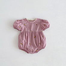 Load image into Gallery viewer, Lemon embroidery features on our mauve based romper suite, Puff sleeves with elasticated hems. Crochet neck trim and gathers to the waist add style. Available 0-3 years exclusively at Bel Bambini baby and toddler clothing boutique. UK based baby clothing.