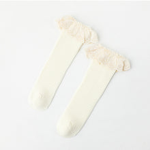 Load image into Gallery viewer, White knee high socks with a lace frill trim.