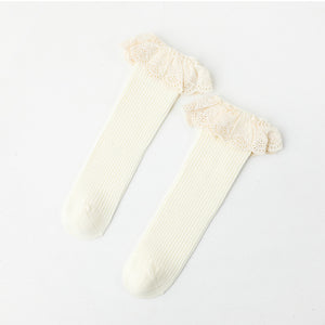 White knee high socks with a lace frill trim.