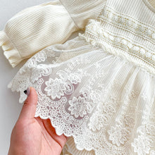 Load image into Gallery viewer, Stunning lace skirt completes this beautiful Ivory romoer for girls aged 0-2 years. Must have wardrobe staple perfect for all seasons. Exclusive to Bel Bambini UK.