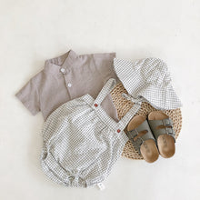 Load image into Gallery viewer, Boys outfit including a shirt, romper and cute summer hat. Perfect spring summer style for baby boys and toddlers. Team with knee high socks for an all year round look. Boys 0-2 years clothing at Bel Bambini baby boutique.