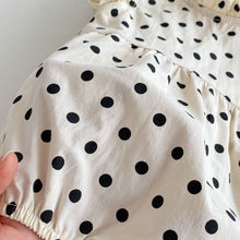 Load image into Gallery viewer, Cotton fabric with a timeless polka dot print. Toddler summer clothing and baby summer clothing for girls 0-3 years.