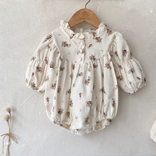 Load image into Gallery viewer, Girls autumn clothing at Bel Bambini. Our autum floral long sleeve romper suit is perfect for the season ahead with gathers, frills and florals. Available in size 3-m, 6-9m, 9-12m, 12-4m. Shop our baby and toddler girls collection online toay.