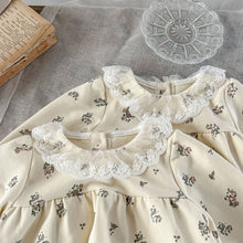 Load image into Gallery viewer, Lace trim collar dress. Winter florals and cosy fabric is all you need for your little ones. Shop our exclusive collections online today for timeless baby and toddler clothing.