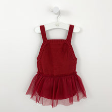 Load image into Gallery viewer, Red knitted romper for babies and toddlers with a mesh tutu skirt.  Red knitted styles for baby girls and toddler girls. Perfect for a Christmas outfit, layer with a pretty long sleeve top or cute cardigan. Knitted romper with tutu skirt.