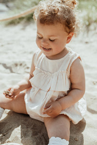 Baby girl in our bloomer set with a frill detail on the sleeveless top and some cute bloomers to match. Available in nude pink and white. 0-2 years.
