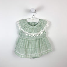 Load image into Gallery viewer, Baby girls romper dress in mint check print with crochet detailing to the neck and hem of the skirt. Made from 100% cotton so its breathable and lightweight on your little ones precious skin.