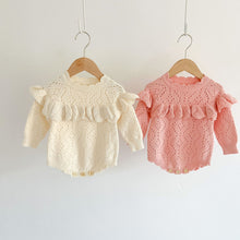 Load image into Gallery viewer, Girls pointelle knitted rompoer with frill detailing, available in two colours, pink or cream. Baby and toddler fashionable yet timeless clothing. 0=2 years clothes and accessories exclusive to Bel Bambini baby and toddler clothing boutique.