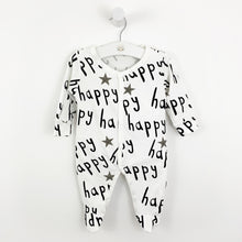 Load image into Gallery viewer, Babygrow, sleepsuit for baby boys and baby girls. Soft and comfortable, this cotton babygrow is white with the text &#39;happy&#39; printed in black all over the sleepsuit.