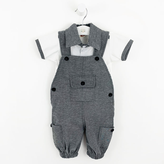 Baby boys dungarees, a 2 piece dungaree set complete with grey dungarees and a white tee with a contrat collar and stripe to the shoulder. Toddler boys would be so comfortable playing in this cute all in one style. 