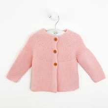 Load image into Gallery viewer, Baby knitted cardigan in pink. Long sleeve baby cardigan in a beautiful candy pink shade. Toddler cardigan for all seasons to layer up those pretty outfits.
