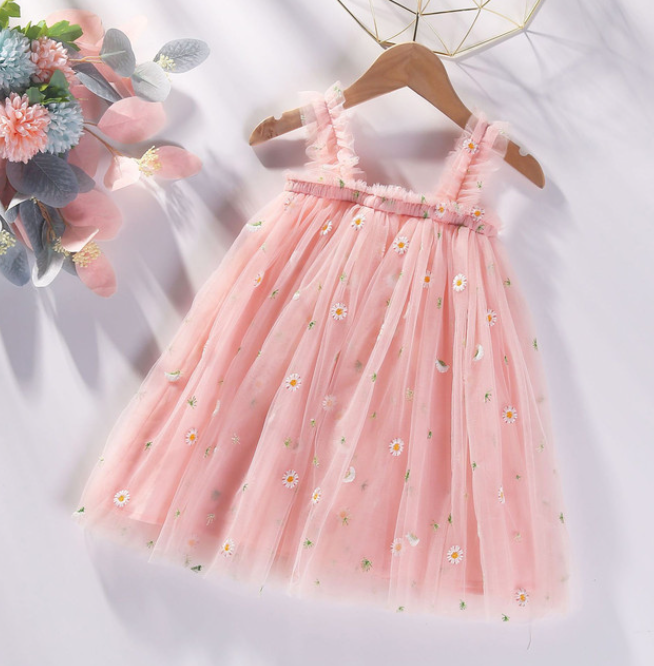 Girls party dress for special occasions, christening dress, wedding outfit for toddlers or a summer holiday dress. This dress is perfect for girls who love to dress up in pretty clothes, tulle skirt with embroidered flowers and frills exclusive to Bel Bambini baby boutique. Family run based in the UK.