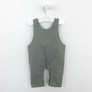 Back shot of our baby boys dungarees in grey. Boys clothing at Bel Bambini ages 0-24m.