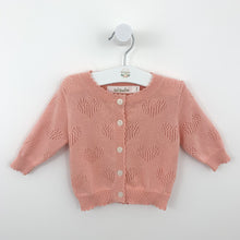 Load image into Gallery viewer, Baby girls knitted cardigan. Light and breathable cotton yarn cardigan for baby and toddler girls. Perfect for the spring and summertime. Comfortable cardigan in rose pink or ivory for girls.