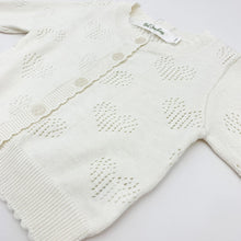 Load image into Gallery viewer, Heart detail openwork cotton knitted cardigan. Baby girls and toddlers need a lightweight summer cardigan for thiose cool evenings to keep warm. Long sleeve knitted cardigan in our new collection of spring summer baby clothing.